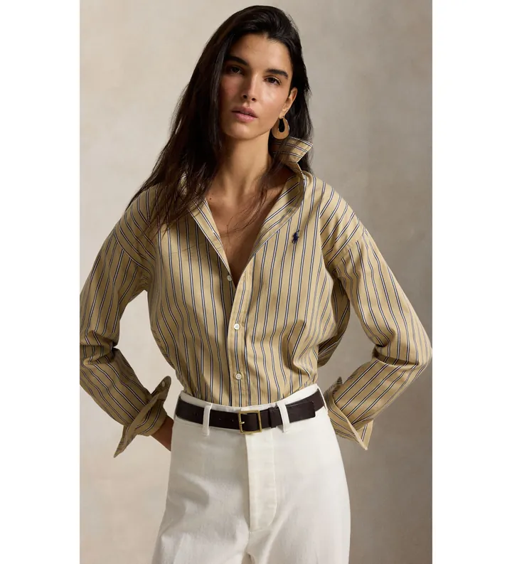 Polo Ralph Lauren para mujer. 211910743511 Camisa de algodón con rayas Relaxed Fit beige (L), Casual, Manga larga