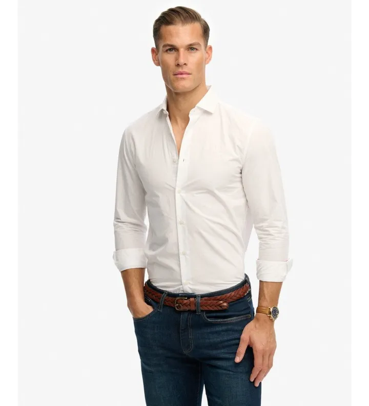 Superdry para hombre. M4011045A Camisa Classic Tailored blanco (L), Casual, Algodón, Clásico, Manga larga