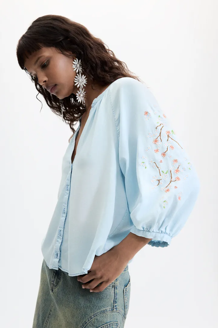 Desigual, Blusa bordados mangas, Mujer, Lyocell, Azul, L