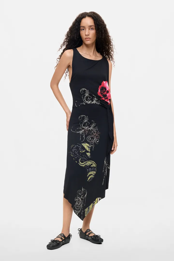 Desigual, Vestido Asimétrico Midi, Mujer, Viscosa, Negro, L