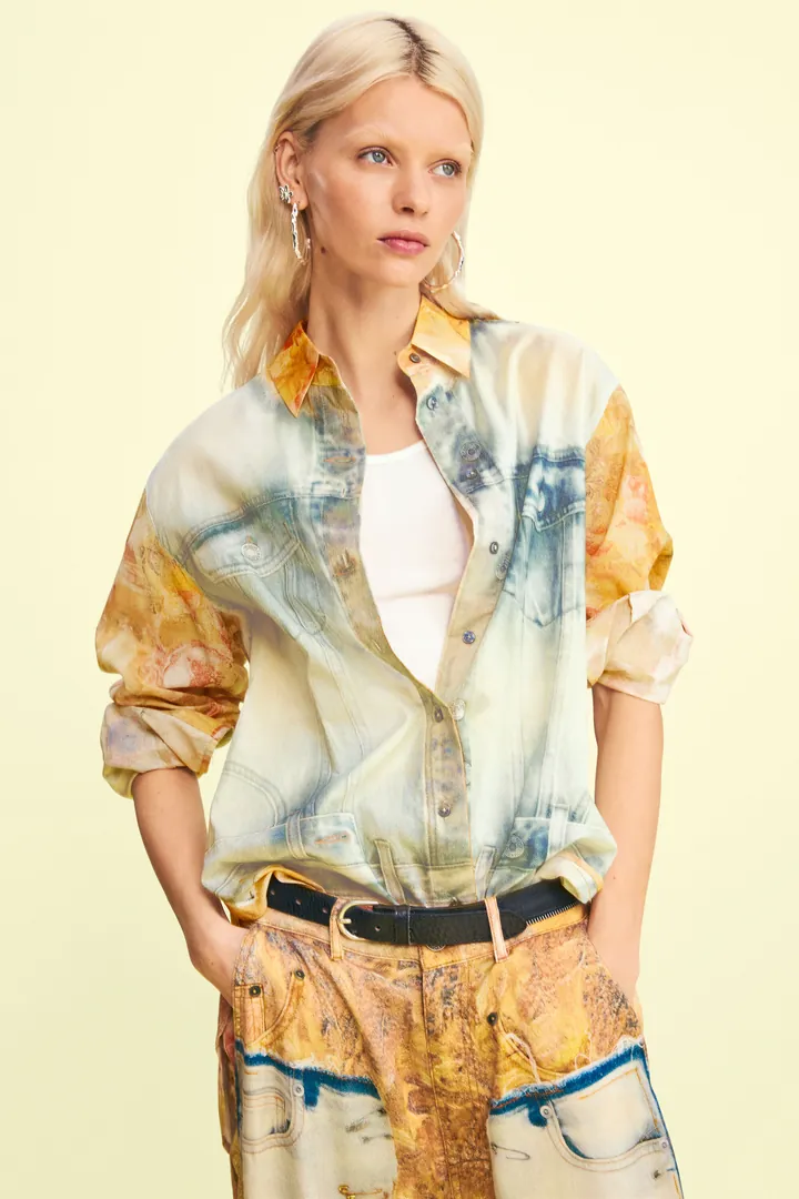 Desigual, Camisa híbrida denim, Mujer, Algodon, Amarillo, L